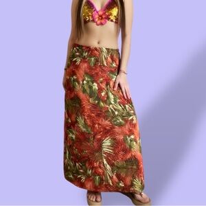1990s Jessica Vintage Tropical Leaf Maxi Skirt in Red and Olive Green
